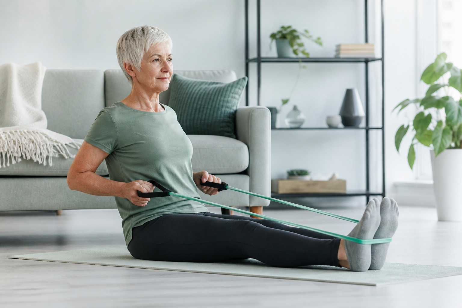 Older woman doing a seated resistance-band row at home