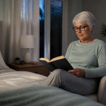 Older adult reading beside the bed in a calm bedroom at dusk