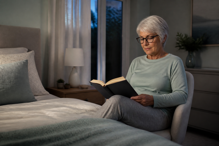 Older adult reading beside the bed in a calm bedroom at dusk