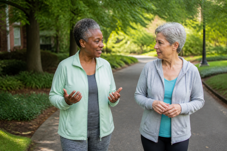 Two older friends talking during a relaxed neighborhood walk