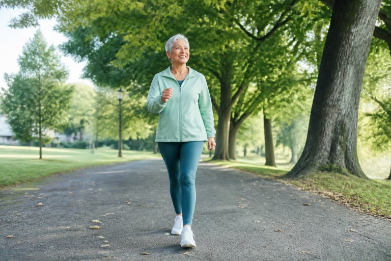 Older adult walking briskly on a safe tree-lined path