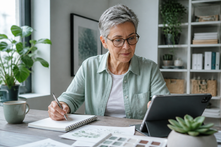 Older adult learning a new creative skill with a notebook and tablet