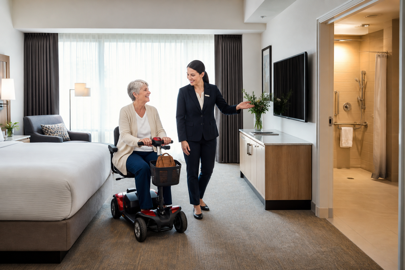 Older traveler checking the features of an accessible hotel room