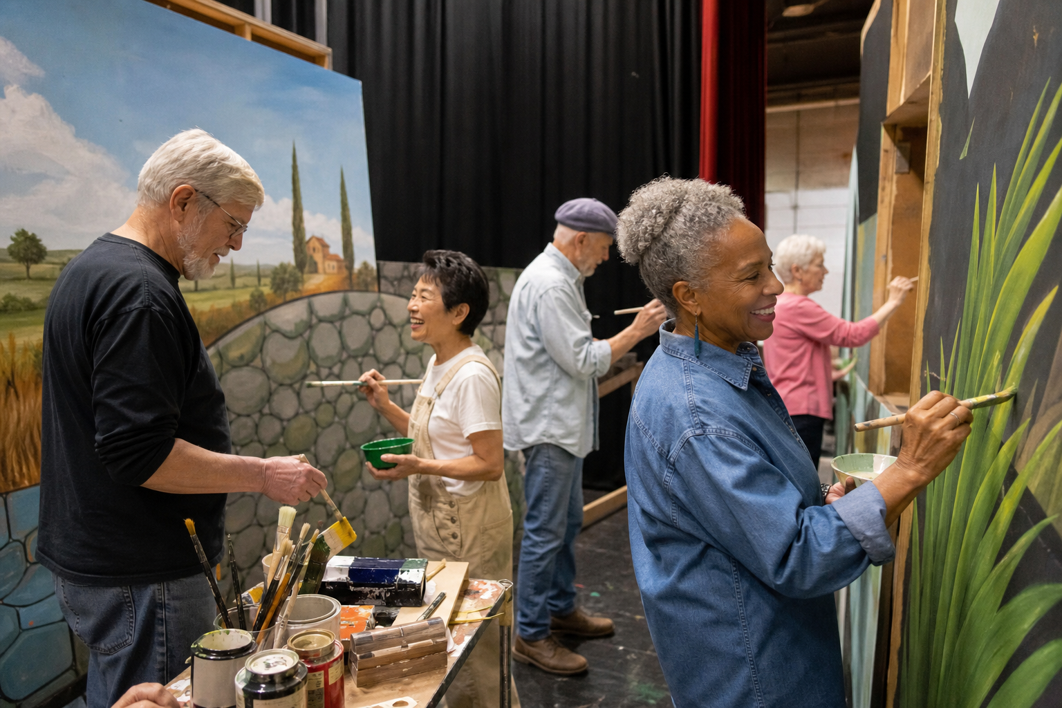 Older volunteers painting scenery backstage at a community theater