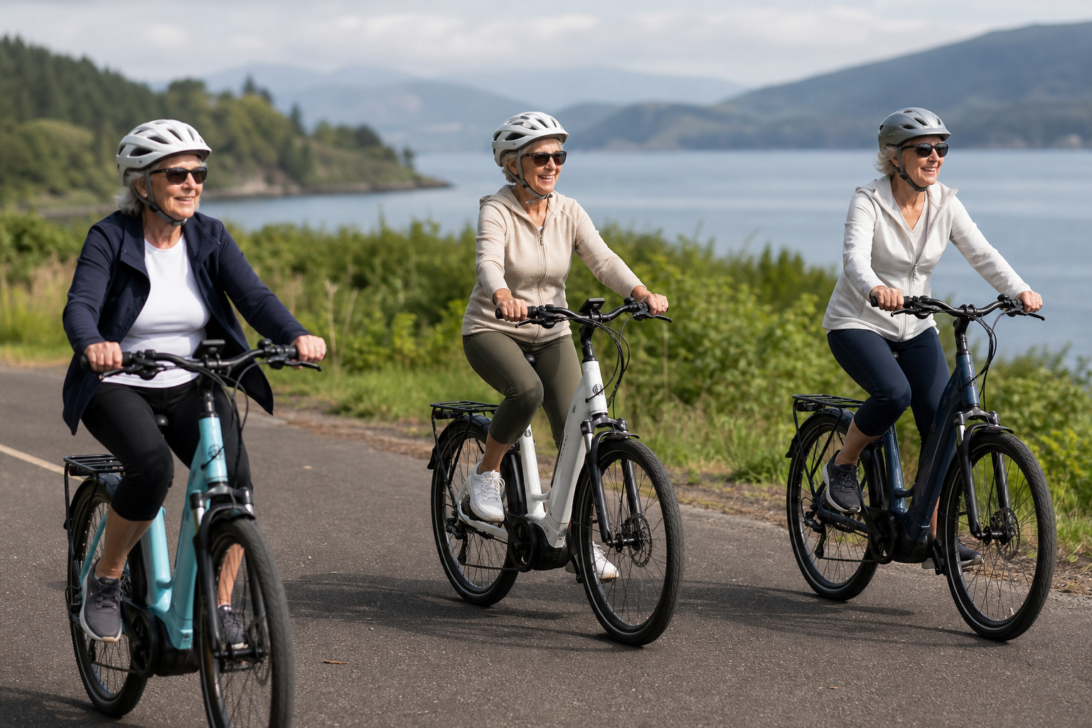 Older friends riding electric bicycles safely on a scenic greenway