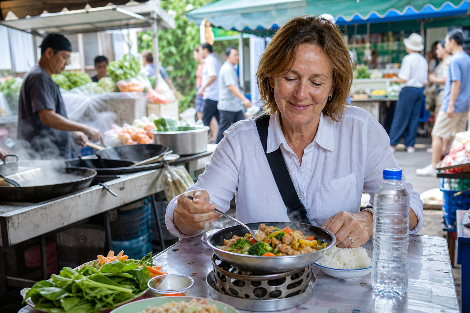 Older traveler enjoying freshly cooked food and sealed bottled water at a local market