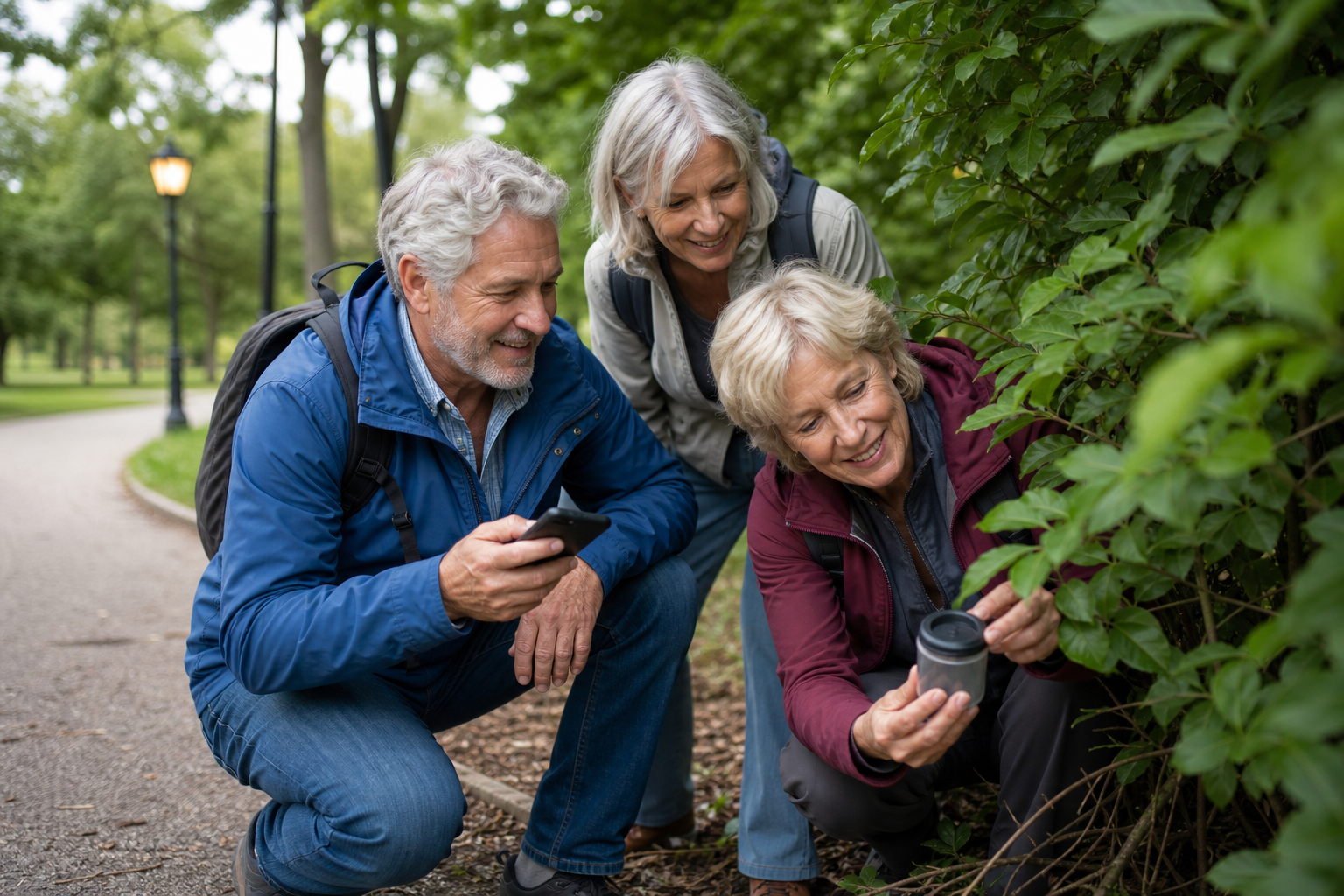 Older friends using a smartphone to find a geocache in a city park
