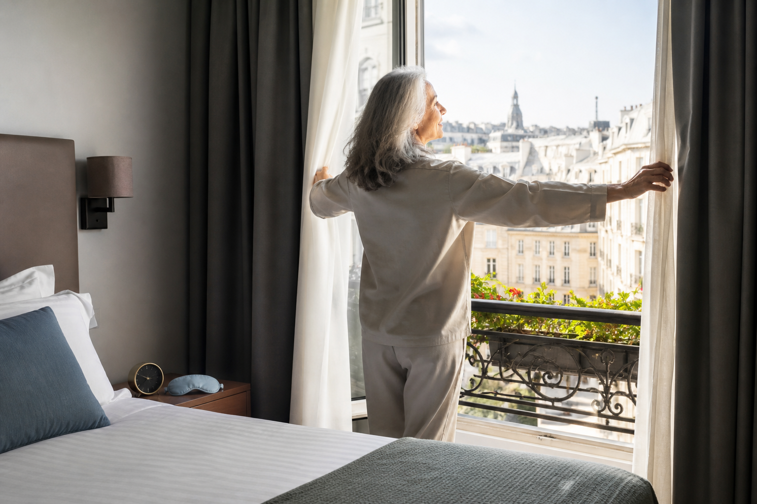 Older traveler using morning daylight to adjust after crossing time zones
