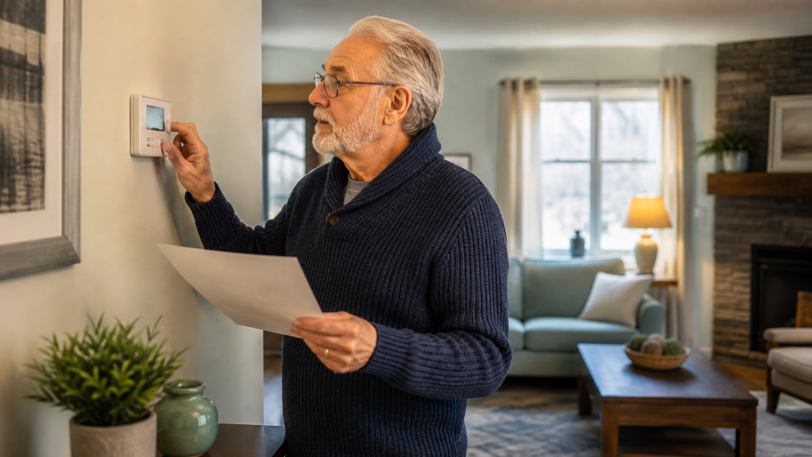 Older homeowner adjusting a thermostat while reviewing a utility statement