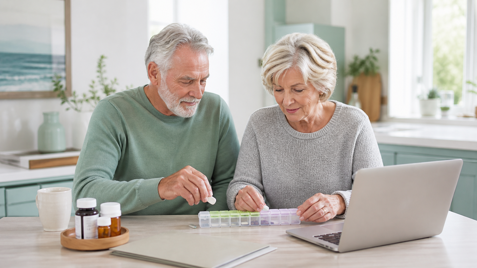 Older couple organizing medication while reviewing Medicare cost assistance information