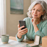 Older woman reviewing a suspicious online marketplace message beside a necklace and shipping box