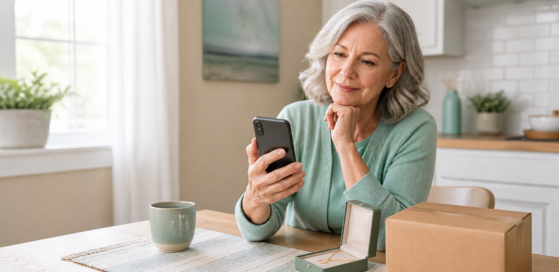 Older woman reviewing a suspicious online marketplace message beside a necklace and shipping box