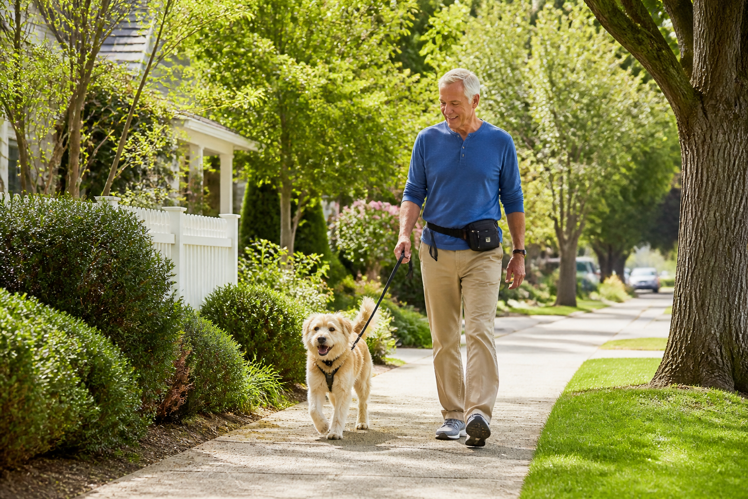 Older man walking a dog as part of a local pet-sitting service