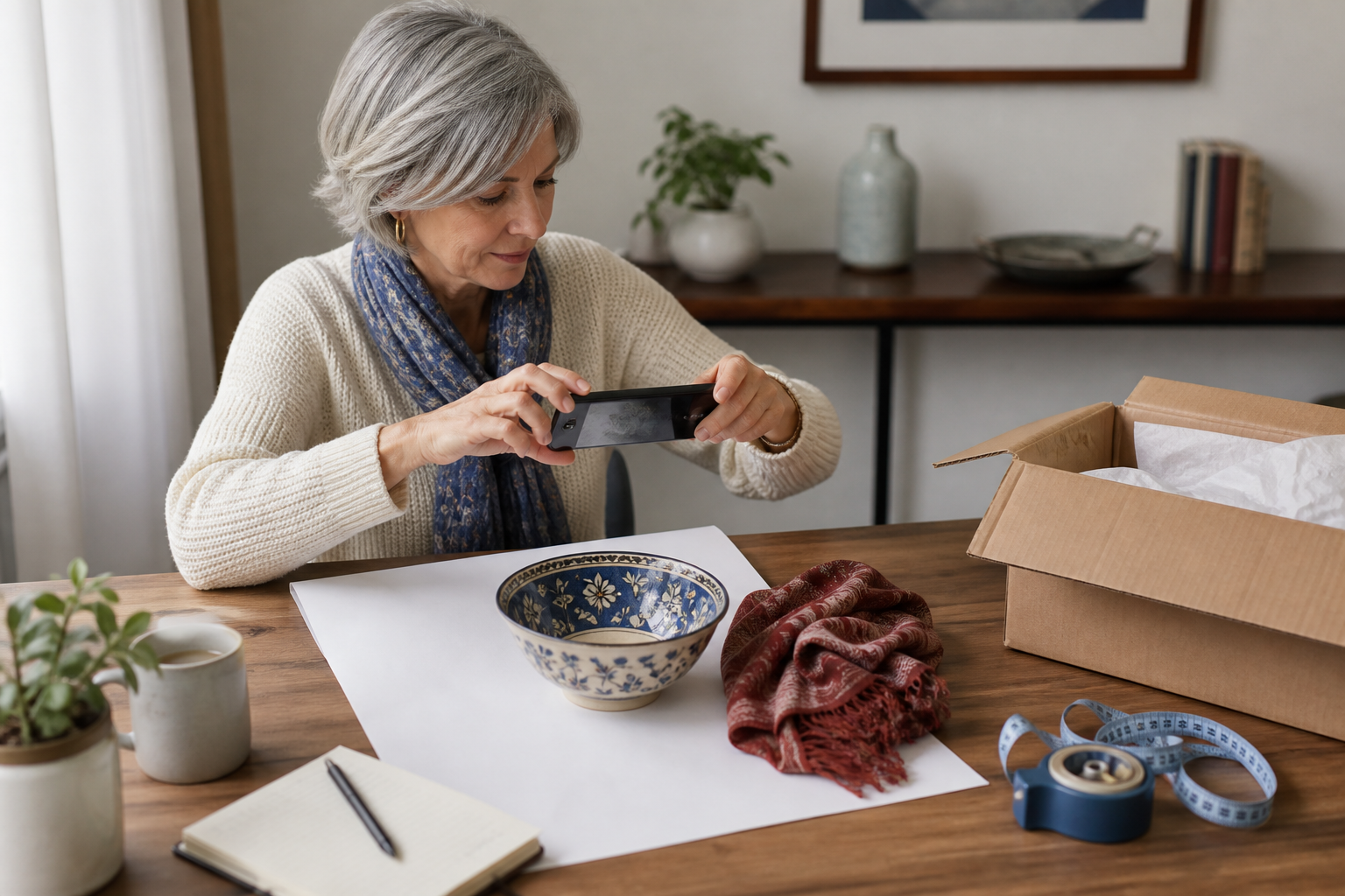 Older woman photographing household items for an online resale listing