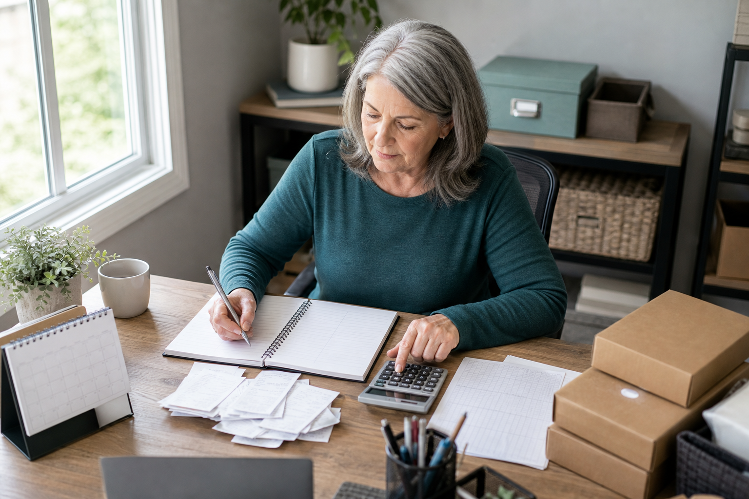 Older woman reviewing expenses and calculating profit for a small side business