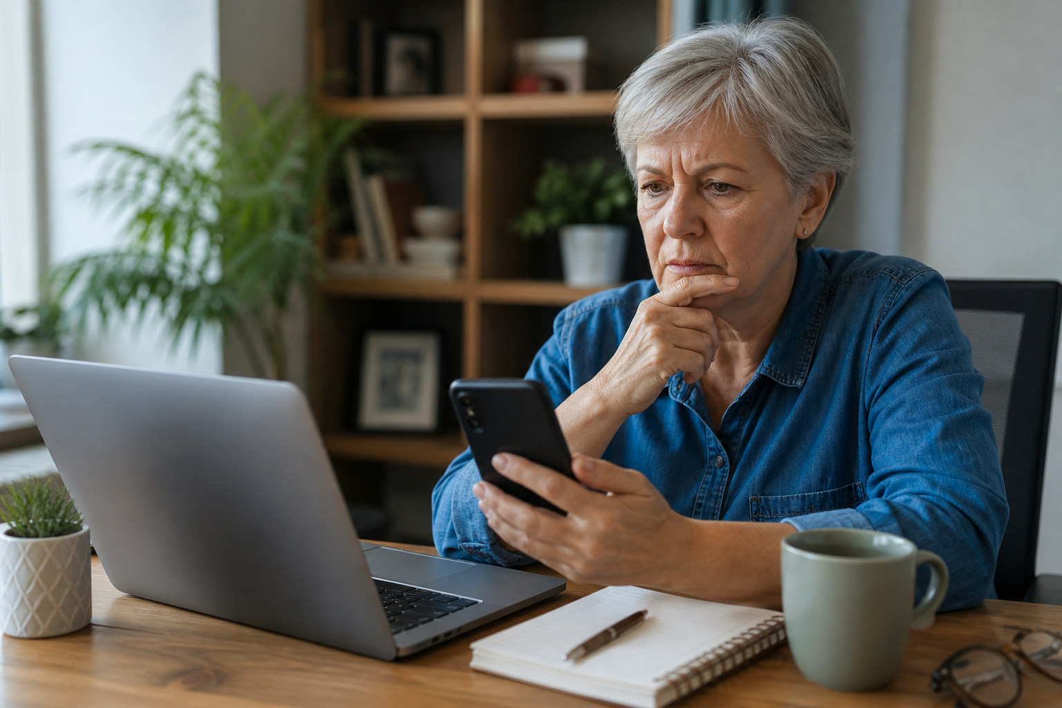 Mature woman carefully reviewing a suspicious work message on her phone