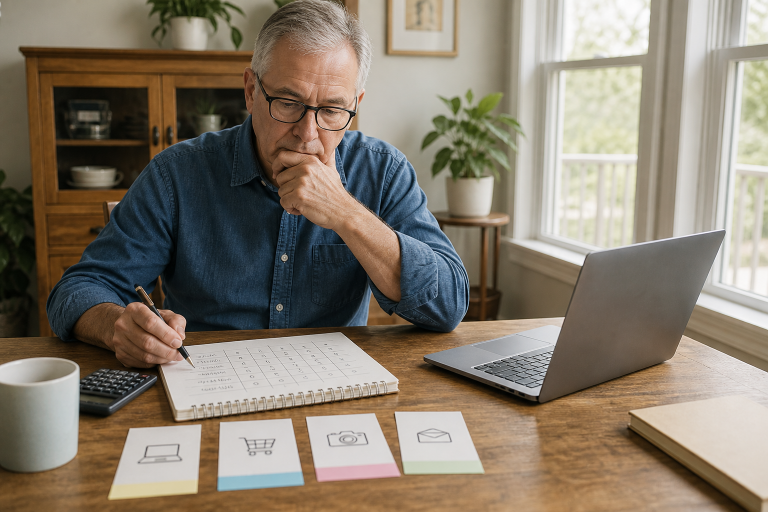 Mature adult comparing side hustle options with a practical scorecard