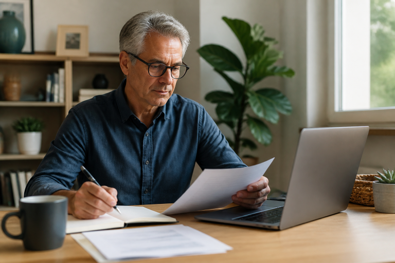 Mature professional reviewing a side business project at home