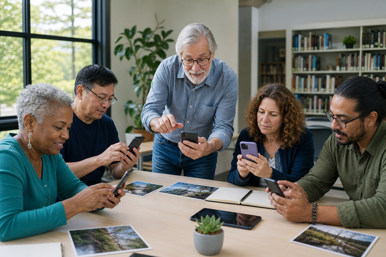 Older instructor leading a small smartphone photography workshop for adult learners