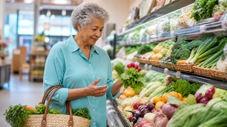 Older adult selecting fresh affordable groceries in a neighborhood market