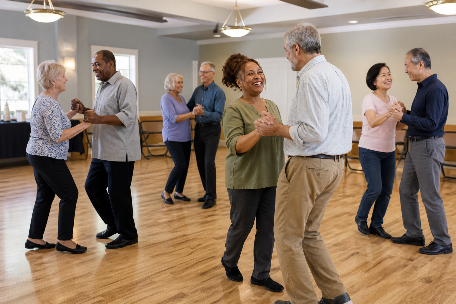 Older adults enjoying a beginner social dance class together