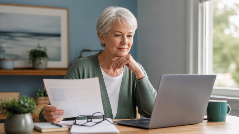 Older woman reviewing Social Security retirement and SSI information at home