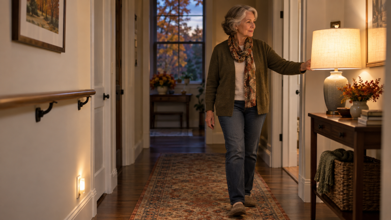 An older adult turns on a hallway lamp in a tidy, well-lit home.