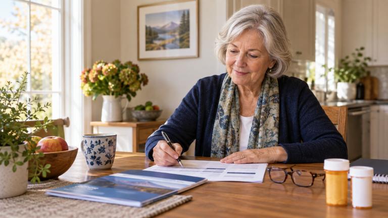 An older adult reviews health plan notes and a medication list at a kitchen table.