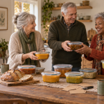 Four older friends arrange containers of homemade soup at a kitchen table.