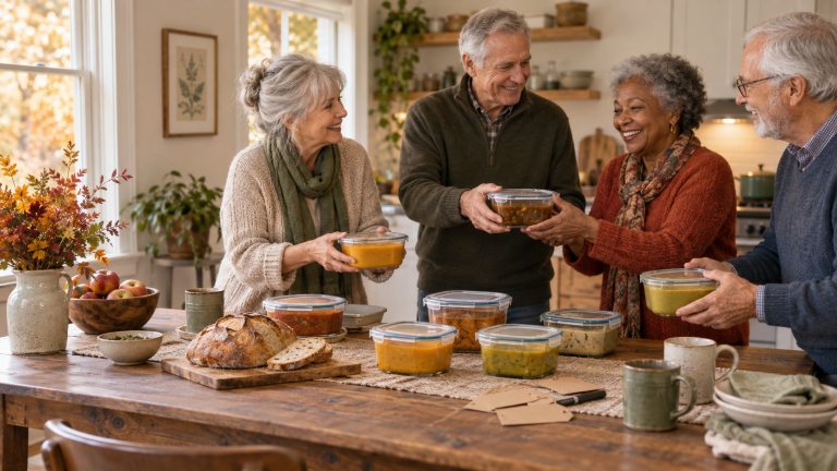 Four older friends arrange containers of homemade soup at a kitchen table.