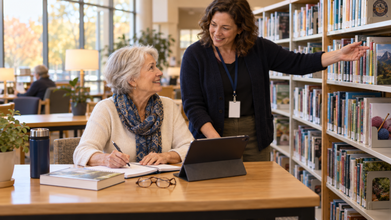 An older adult makes a learning plan with help from a librarian.