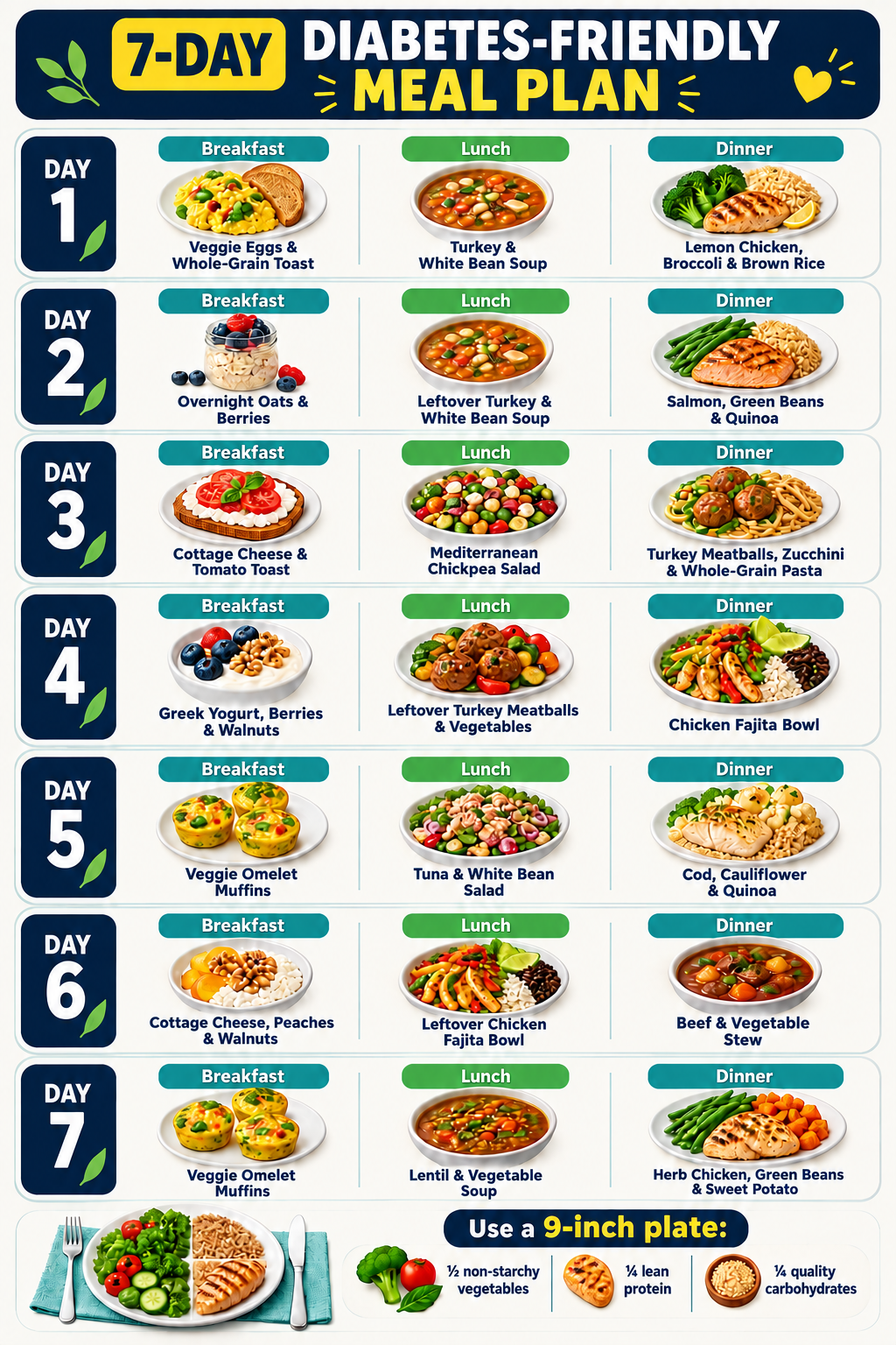 Seven-day diabetes-friendly meal plan for older adults with breakfast, lunch, and dinner ideas