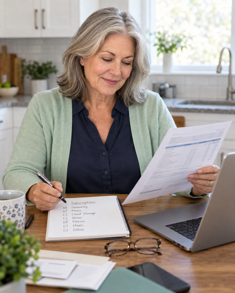 Woman reviewing recurring subscription charges at her kitchen table