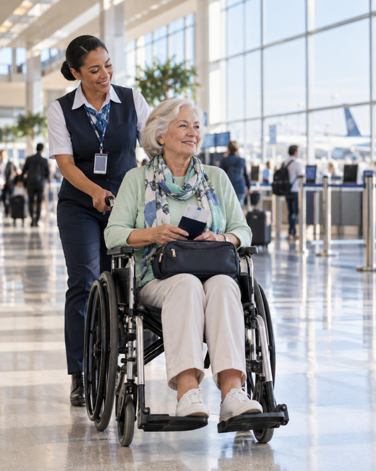 Older traveler receiving wheelchair assistance in a bright airport terminal
