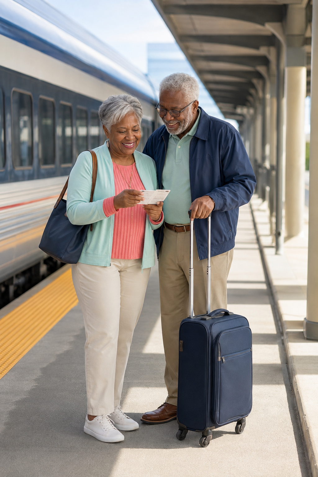 Older travelers preparing for a comfortable train journey