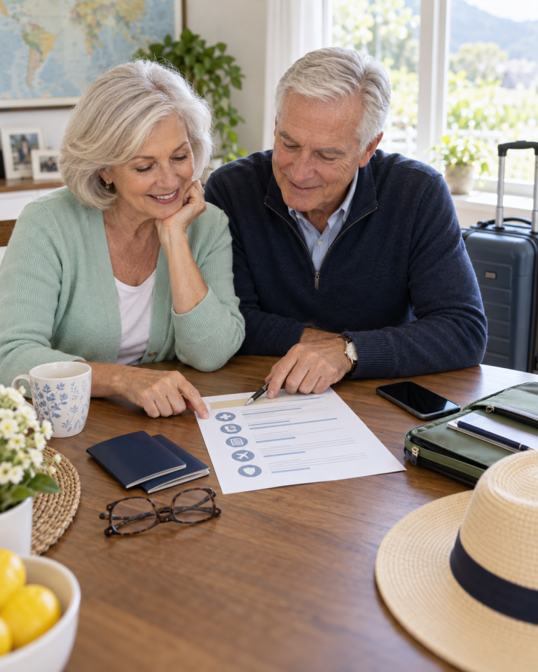 Older couple reviewing a one-page international travel emergency plan beside passports and a packed carry-on bag.
