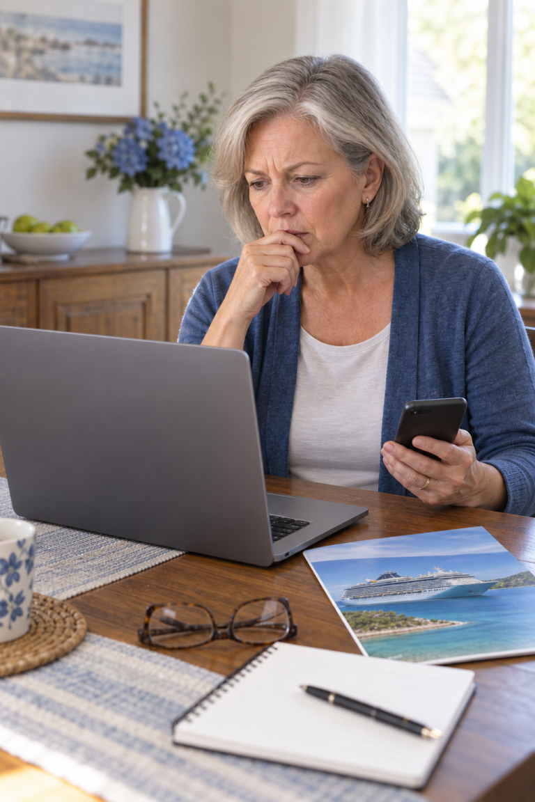 Older woman reviewing a suspicious email and cruise information on her laptop and phone