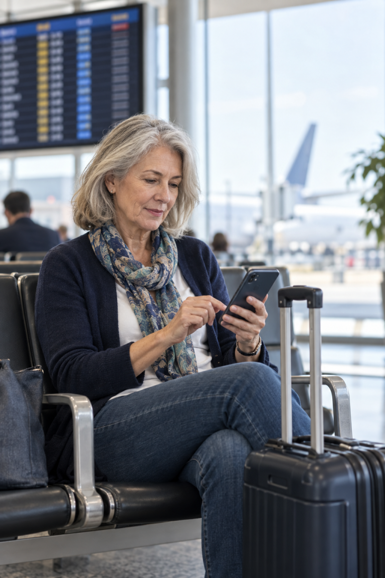 Older traveler checking airline updates on her phone after a flight cancellation