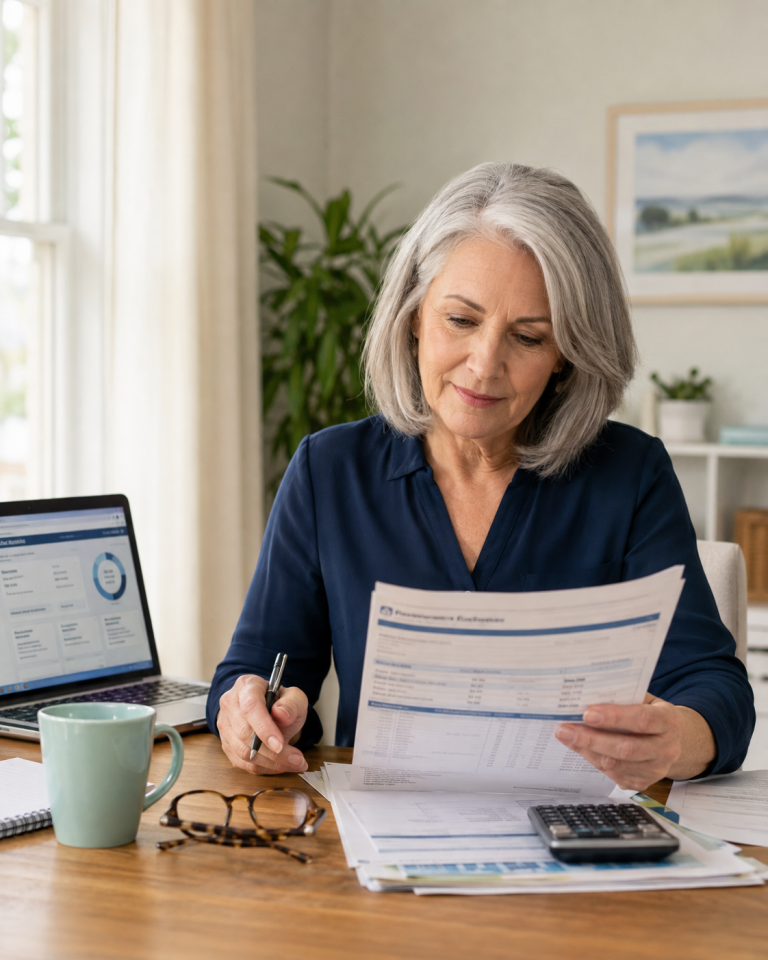 Older woman reviewing her Social Security earnings record and retirement estimate at home