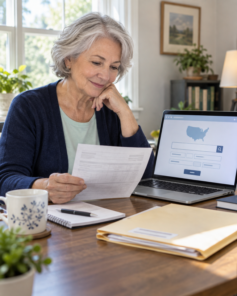 Older woman reviewing an official unclaimed-property search on a laptop while checking financial records at home.
