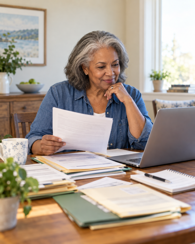 Older woman reviewing former employment and retirement records on a laptop