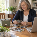 Older woman organizing printed family photographs at a table beside a laptop and archival storage box