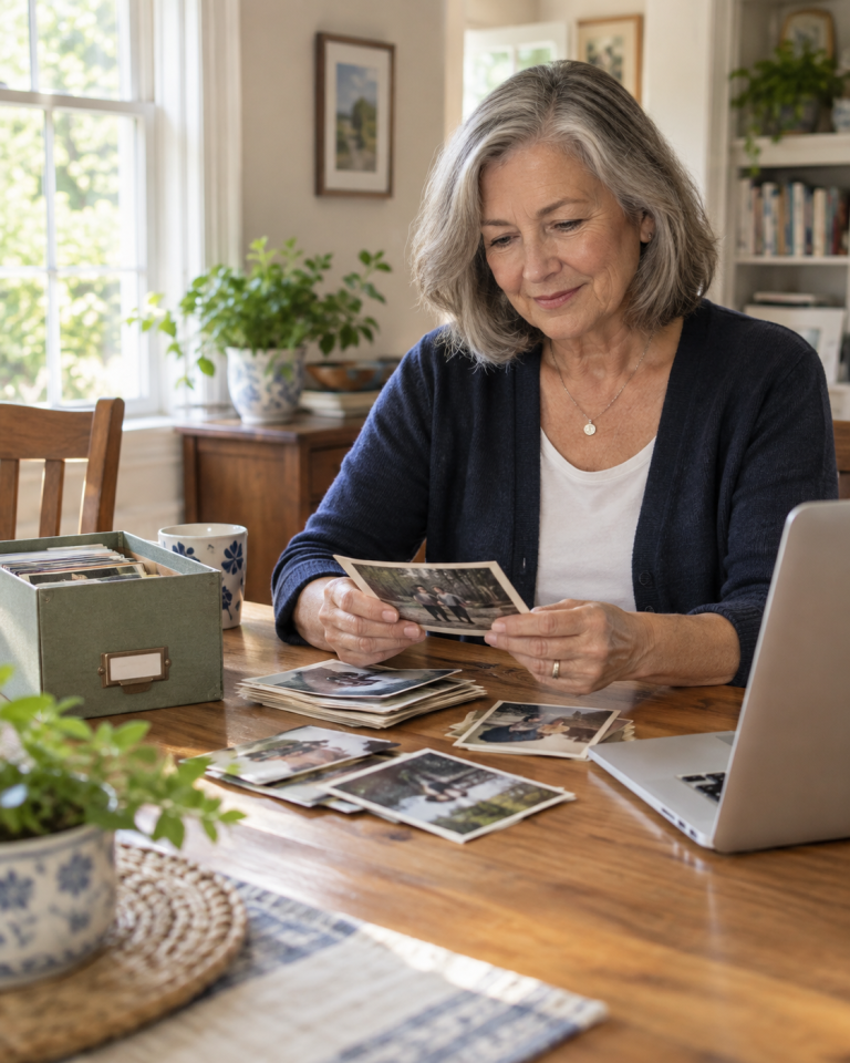 Older woman organizing printed family photographs at a table beside a laptop and archival storage box