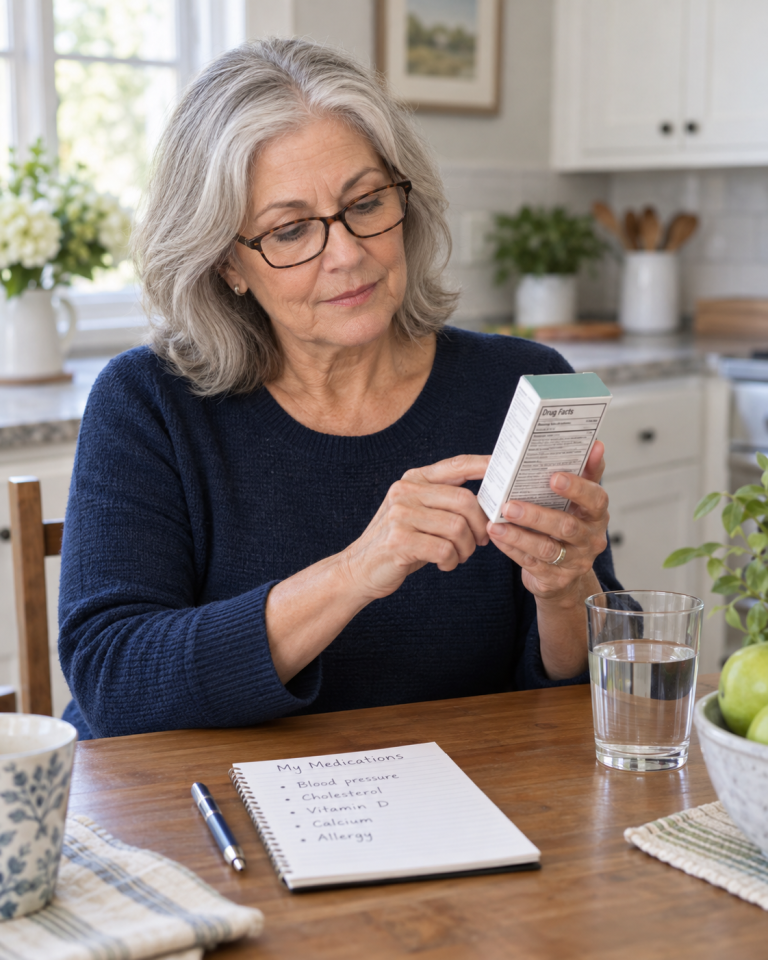 Woman in her 60s wearing reading glasses and carefully reviewing an over-the-counter medicine label at a kitchen table