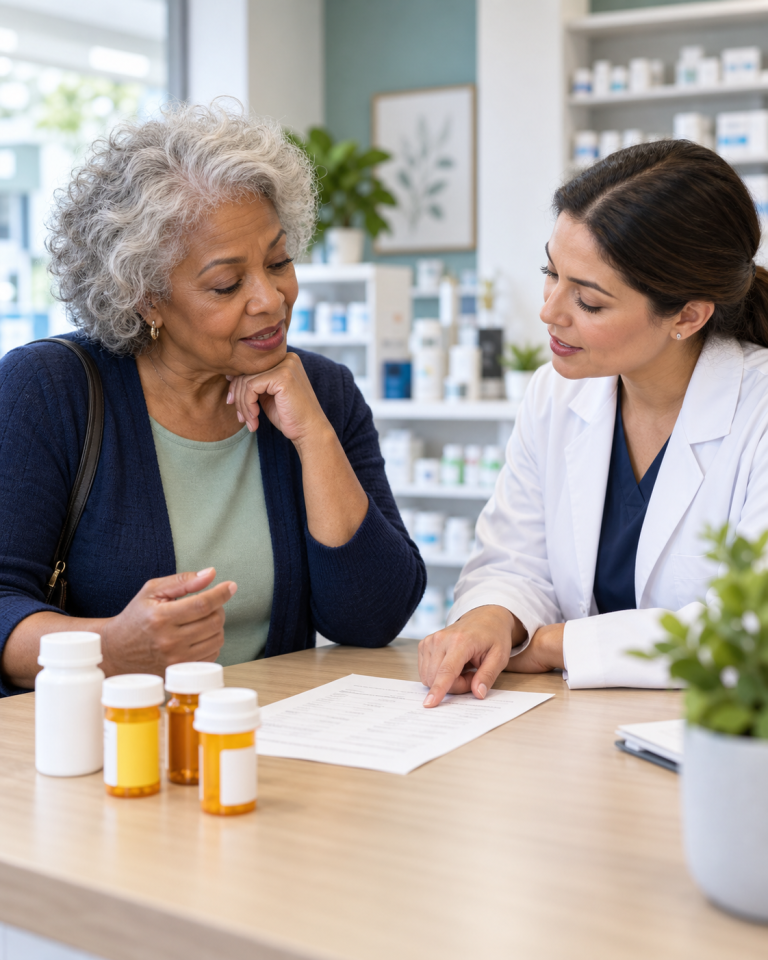 An older woman reviewing her medication list with a pharmacist