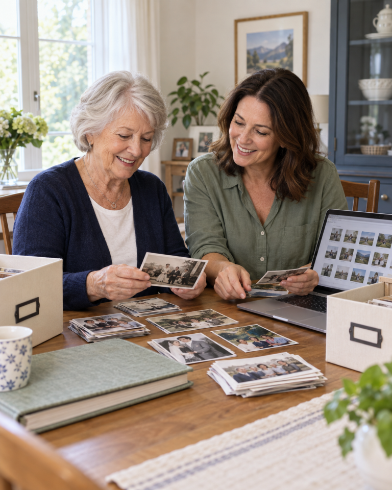 Older woman and adult daughter organizing printed family photographs beside a laptop and archive boxes at a bright dining table.