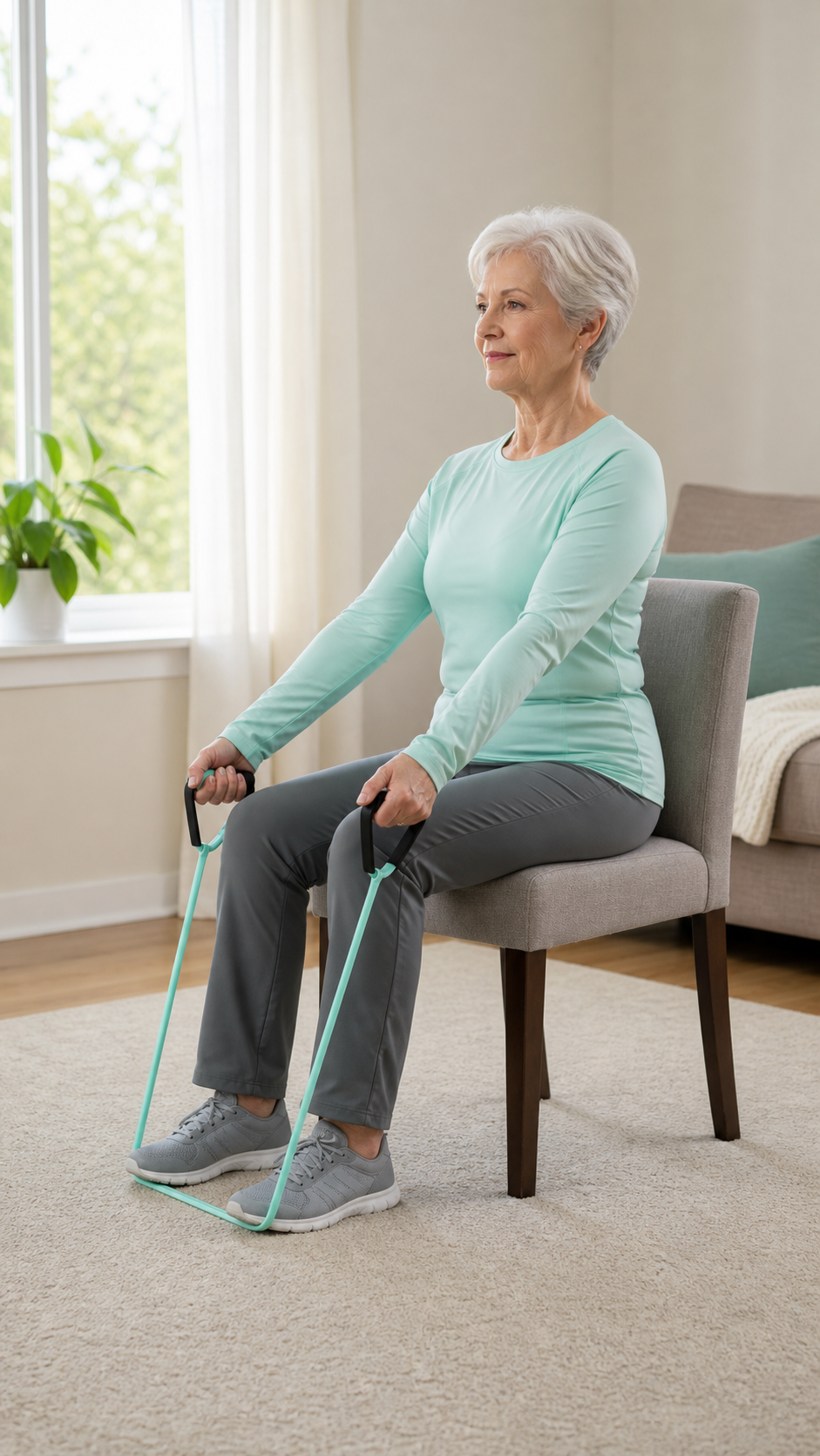Older woman seated with a resistance band and arms extended