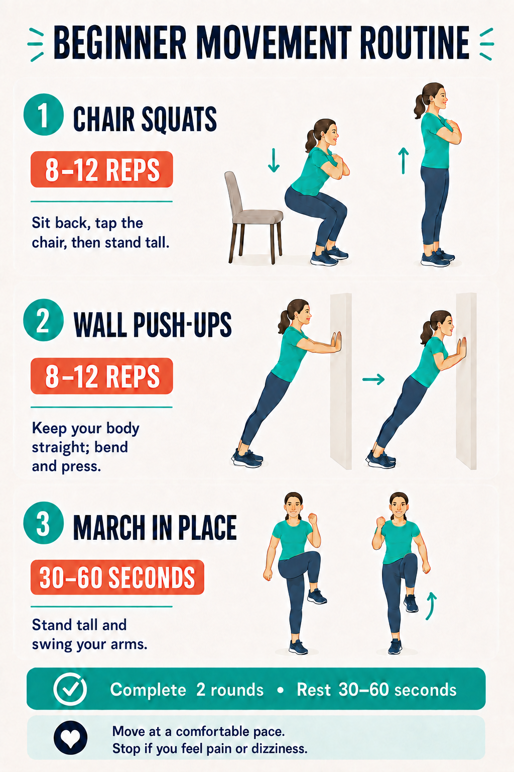 Beginner movement routine showing chair squats, wall push-ups, and marching in place