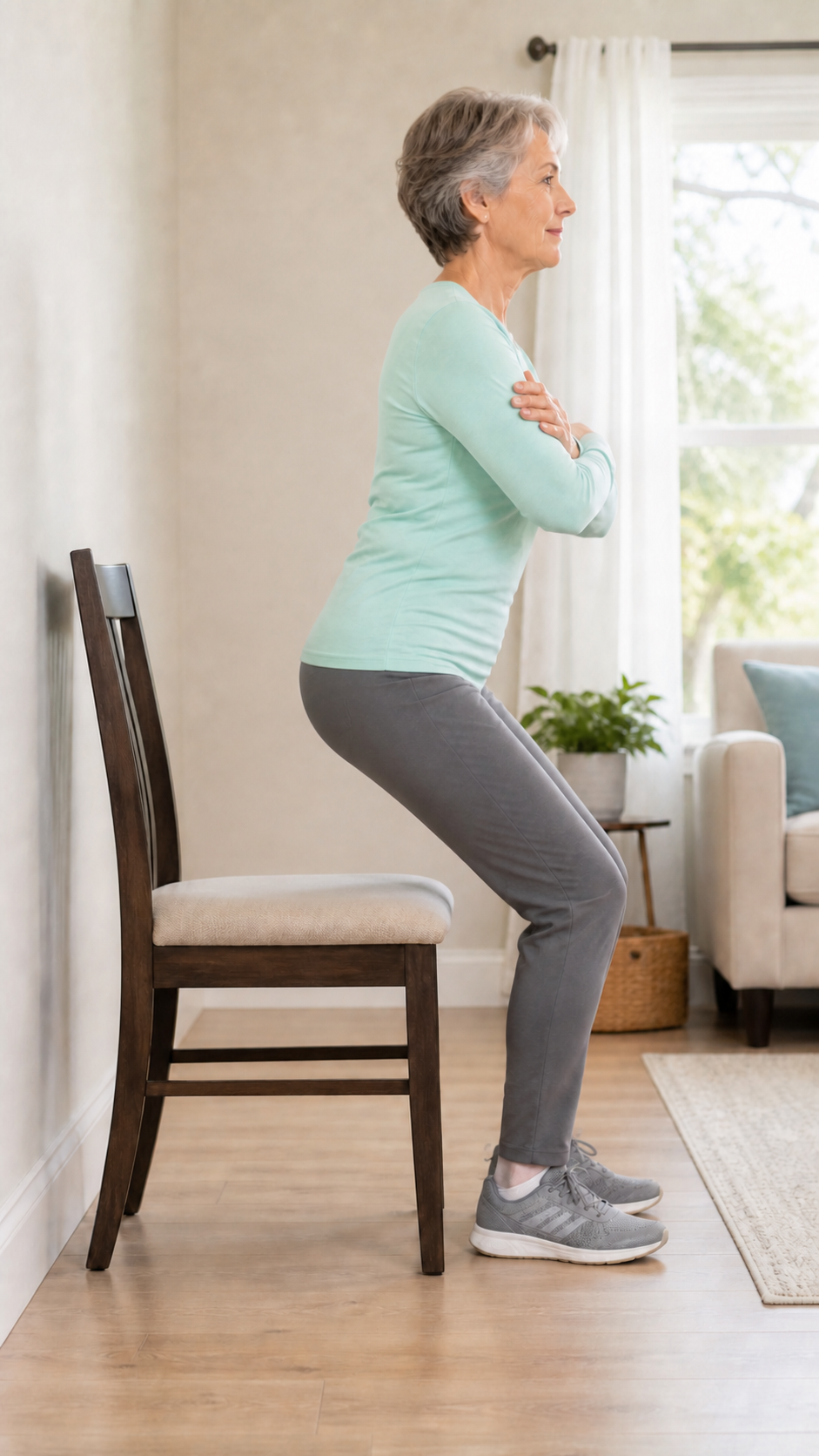 Older woman rising from a sturdy chair with feet flat