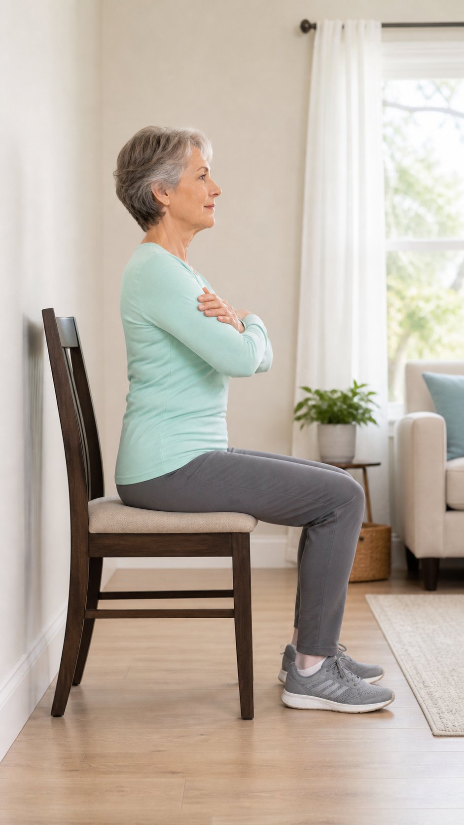 Older woman seated upright in a sturdy chair before a chair stand